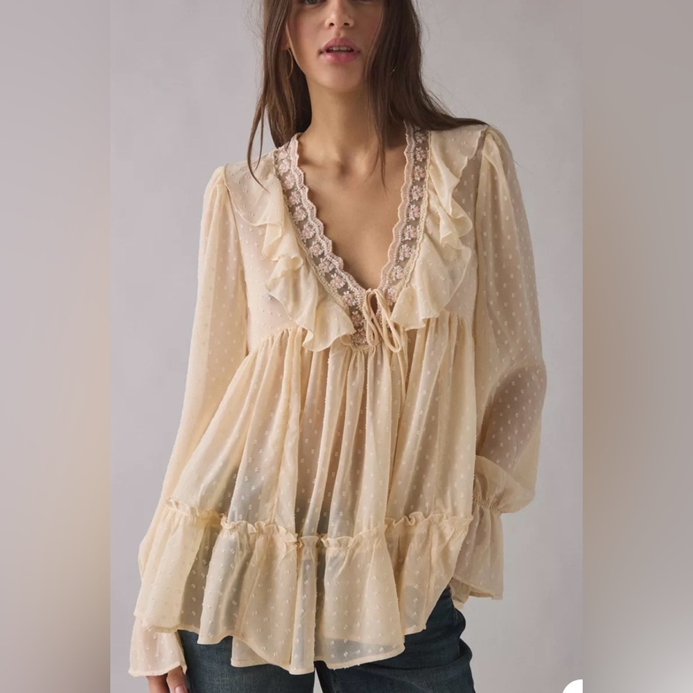 KIMCHI BLUE Bohemian Sheer Ivory Babydoll Tunic Top, M, NWT just beautiful